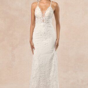 Lulus Enchanting Eternity Ivory Pearl Lace-up Backless Maxi Dress White - Size 6